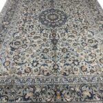 Handwoven Kashan Persian Carpet – Modern Sage & Indigo Medallion Rug (Item 98)