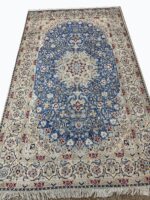 Royal Handwoven Persian Nain Wool & Silk Carpet – Turquoise Medallion Rug | Item No. 241