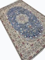 Royal Handwoven Persian Nain Wool & Silk Carpet – Turquoise Medallion Rug | Item No. 241 - Image 4